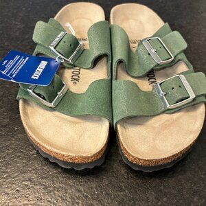 Birkenstock Arizona Suede Leather Two Strap - Green Shimmer